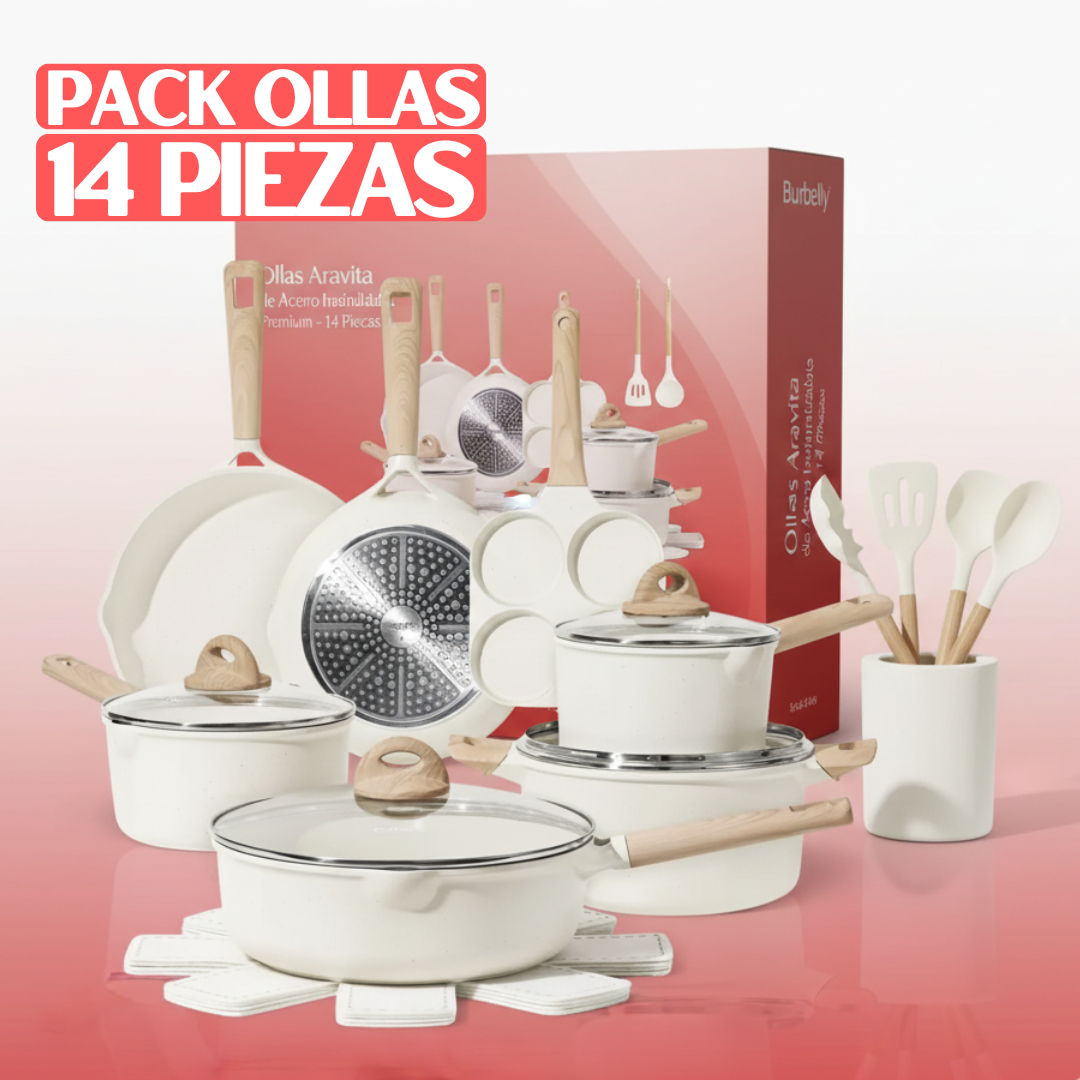 Pack Aravita 14 Piezas - Ollas Antiadherentes de Acero Inoxidable con Revestimiento de Granito + REGALO: 2 Soportes de Ollas